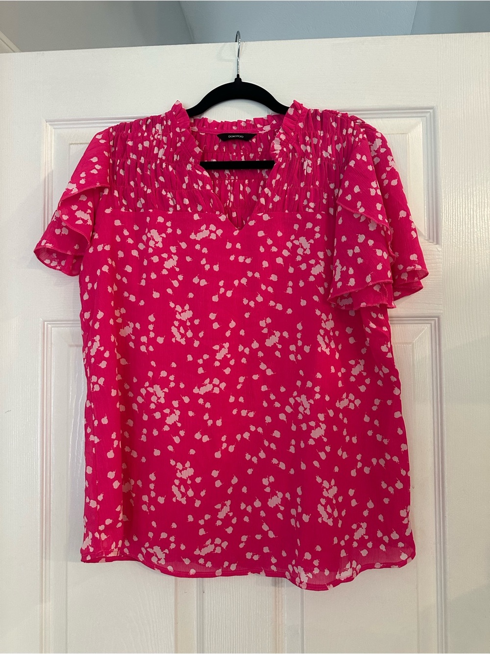 Bright Pink Printed Flutter-Sleeve Blouse with Pleated Yoke